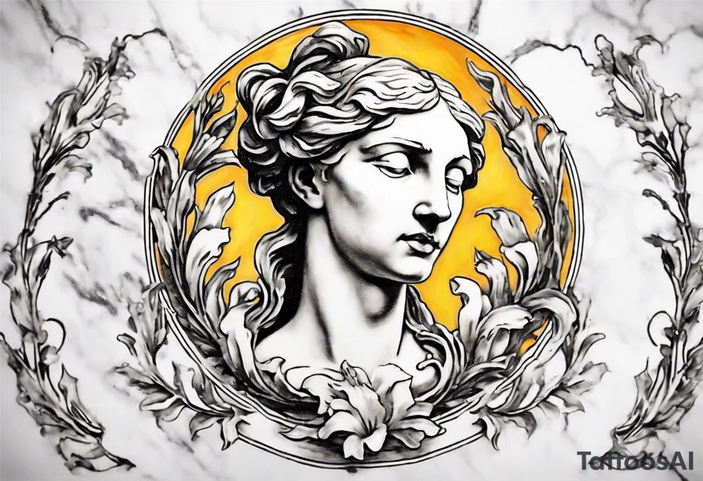 Create a colorful Vincent van Gogh Irises tattoo with an ancient Greek female statue in the middle in white marble. The tattoo should take the form of a crescent, with vines gracefully intertwining at a central point in the middle of the wreath.  The intended placement is on the upper chest. The overall design should be small in size while maintaining a delicate and artistic aesthetic. Pay attention to the graceful flow of the vines and the placement of the irises to achieve a refined and elegant look. tattoo idea