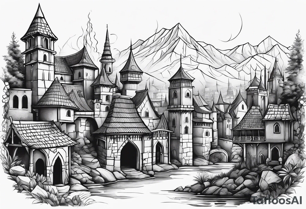 medieval tribal city land vignette tattoo idea
