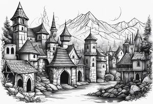 medieval tribal city land vignette tattoo idea