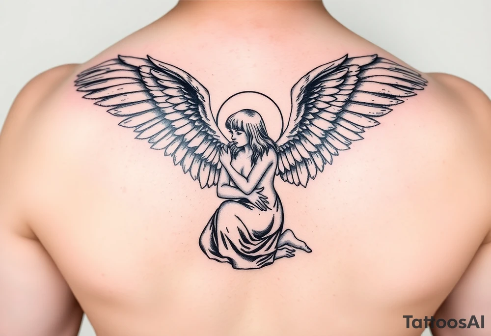 Dante Mikha'el fallen angel on her knees looking sky while her wings are falling tattoo idea