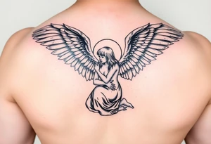 Dante Mikha'el fallen angel on her knees looking sky while her wings are falling tattoo idea