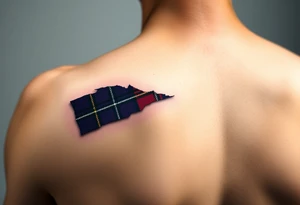 Dark Purple tartan fabric on shoulder with skin ripping back to reveal tartan underneath tattoo idea