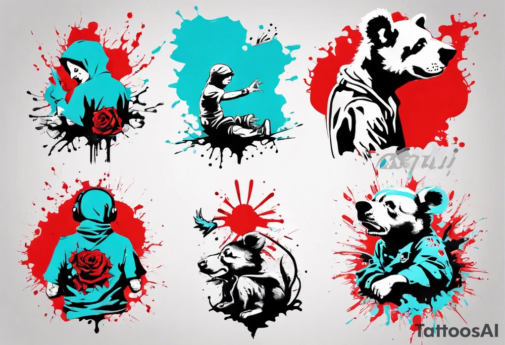 BANKSY ART STYLE, red and cyan, tattoo idea