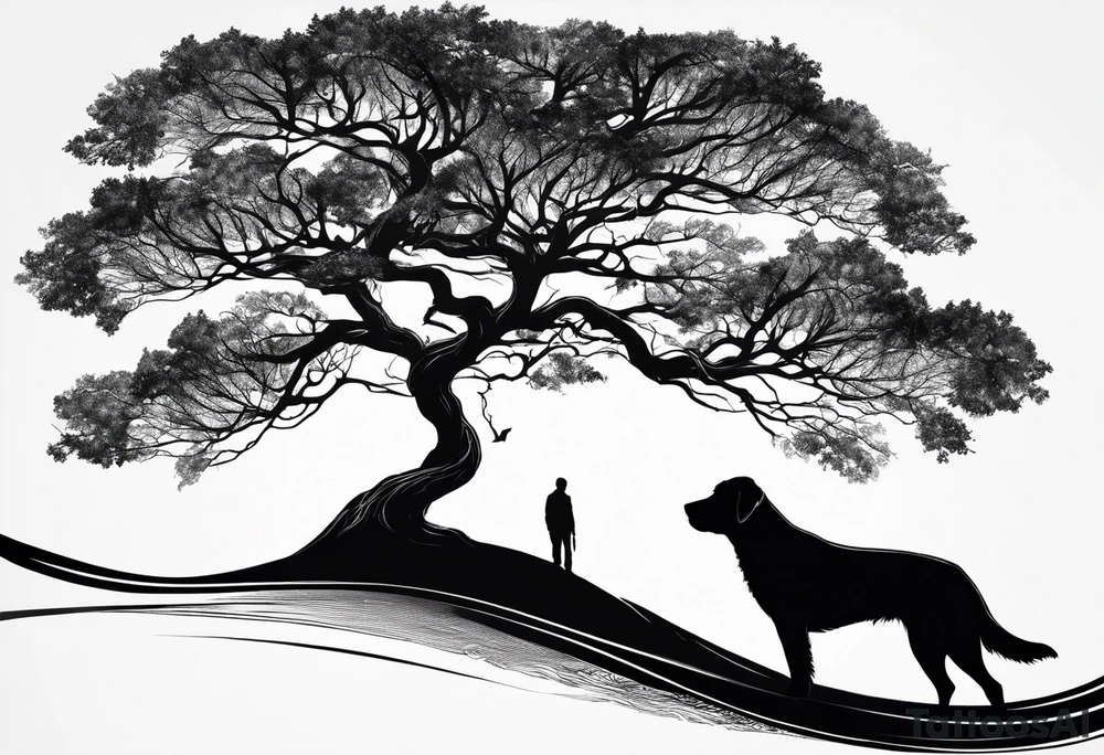 A tree bending to the rigt with a black silouhette of a lab under the bend. The dog is drawn to scale with the tree tattoo idea