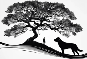 A tree bending to the rigt with a black silouhette of a lab under the bend. The dog is drawn to scale with the tree tattoo idea