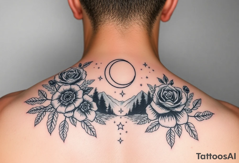 Unique artistic tattoo, with roses and wild flowers 
Crescent moon and stars mountains forests
Feminine tattoo idea