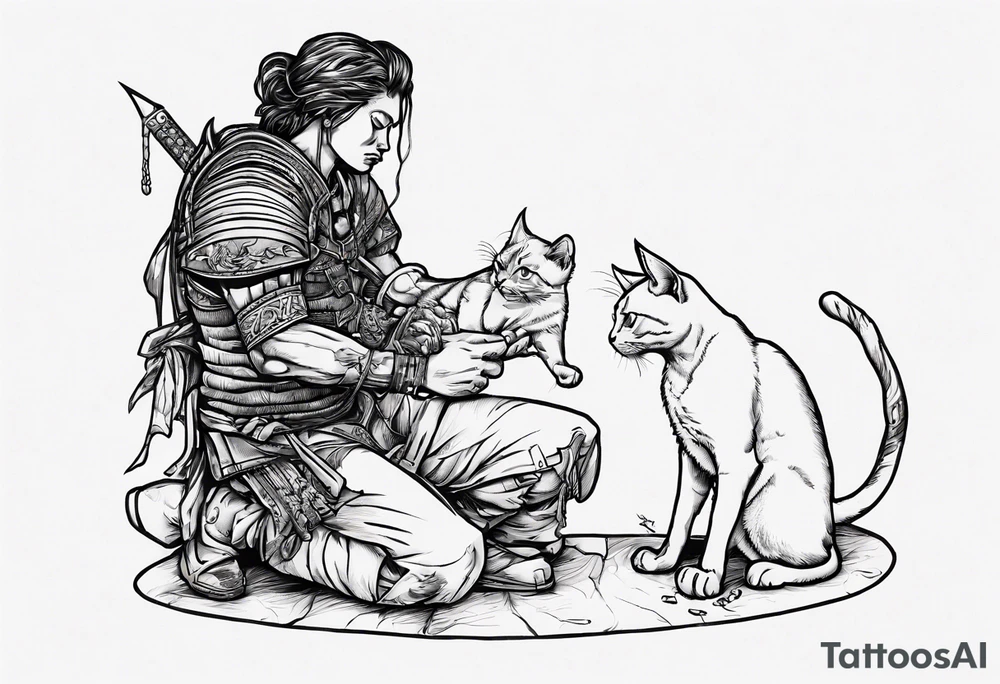 Warrior kneeling down feeding a cat with the world on his shoulders. You can’t be peaceful without being capable of violence tattoo idea