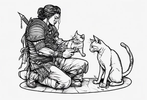 Warrior kneeling down feeding a cat with the world on his shoulders. You can’t be peaceful without being capable of violence tattoo idea