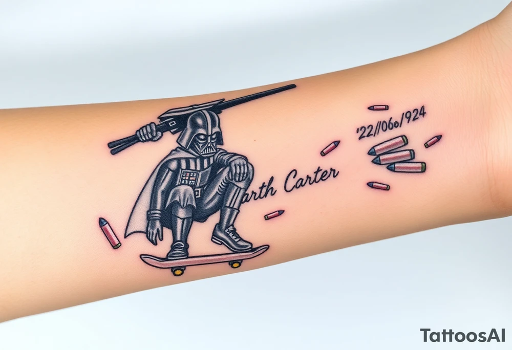 Darth Vader skateboarding > bullets > memorial > colors > god > futuristic 
add name "Darth Carter" on skateboard
add date in loving memory 12/29/88-01/06/24 tattoo idea