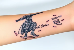 Darth Vader skateboarding > bullets > memorial > colors > god > futuristic 
add name "Darth Carter" on skateboard
add date in loving memory 12/29/88-01/06/24 tattoo idea
