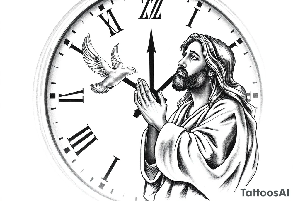 Clock in background, jesus praying, the creation of adam, dove tattoo idea