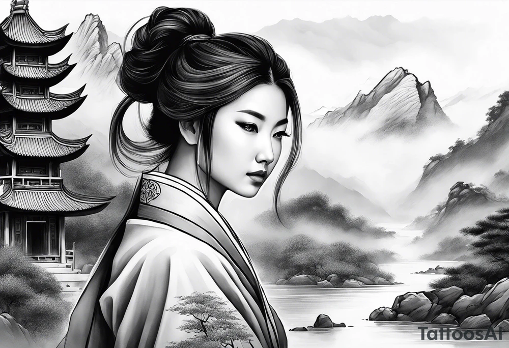 forearm sleeve traditional chinese art painting style autumn mountains mist fog water Chinese temple female with pony tail wearing robes meditating tattoo idea