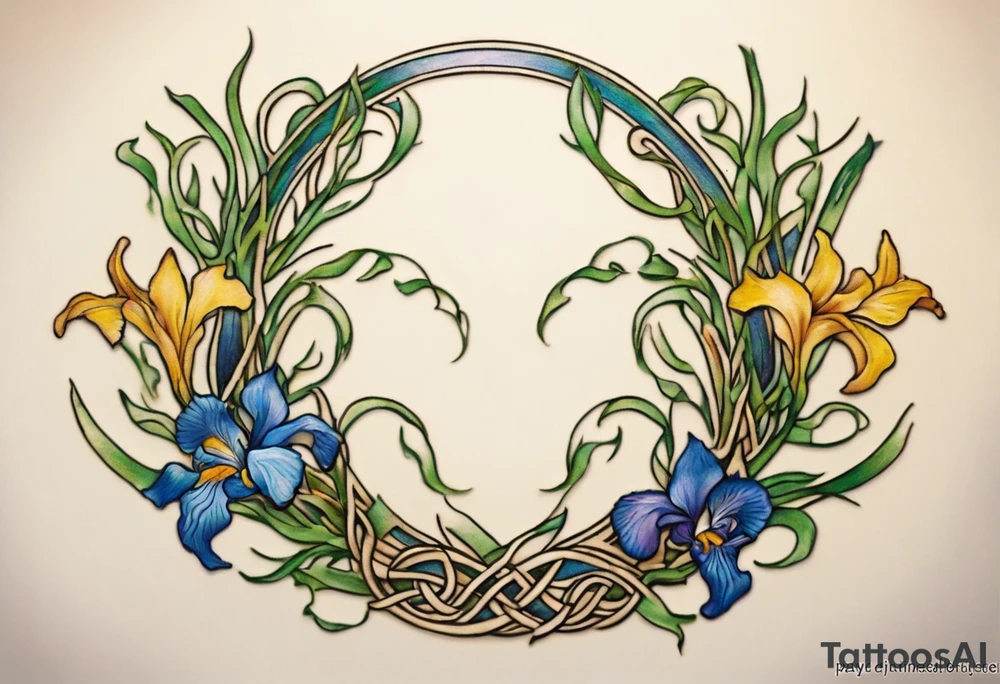 Create a small, colorful Vincent van Gogh Irises tattoo in the form of a crescent, with vines in Celtic knot style gracefully intertwining at a central point in the middle of the wreath. The intended placement is on the upper chest. The middle needs mountains. The overall design should be small in size while maintaining a delicate and artistic aesthetic. Pay attention to the graceful flow of the vines and the placement of the irises to achieve a refined and elegant look. tattoo idea