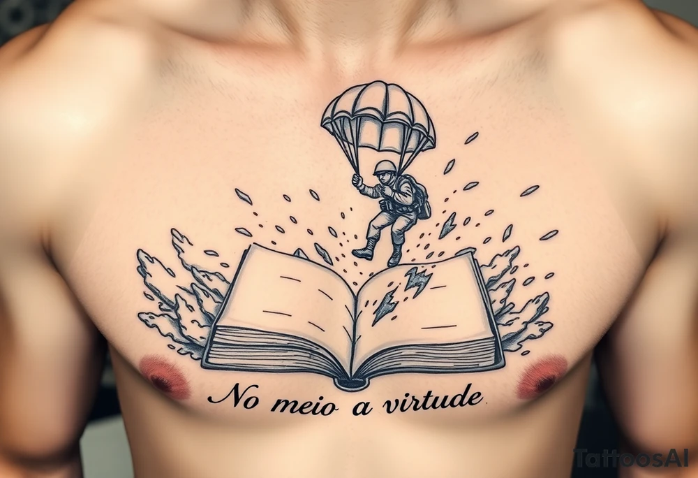 A parachuting soldier landing into an open book. Chaos surrounding, but the book is protecting the soldier from it. On the chest. Make it smaller. Make it thought provoking. "No meio esta a virtude" underneath the book tattoo idea