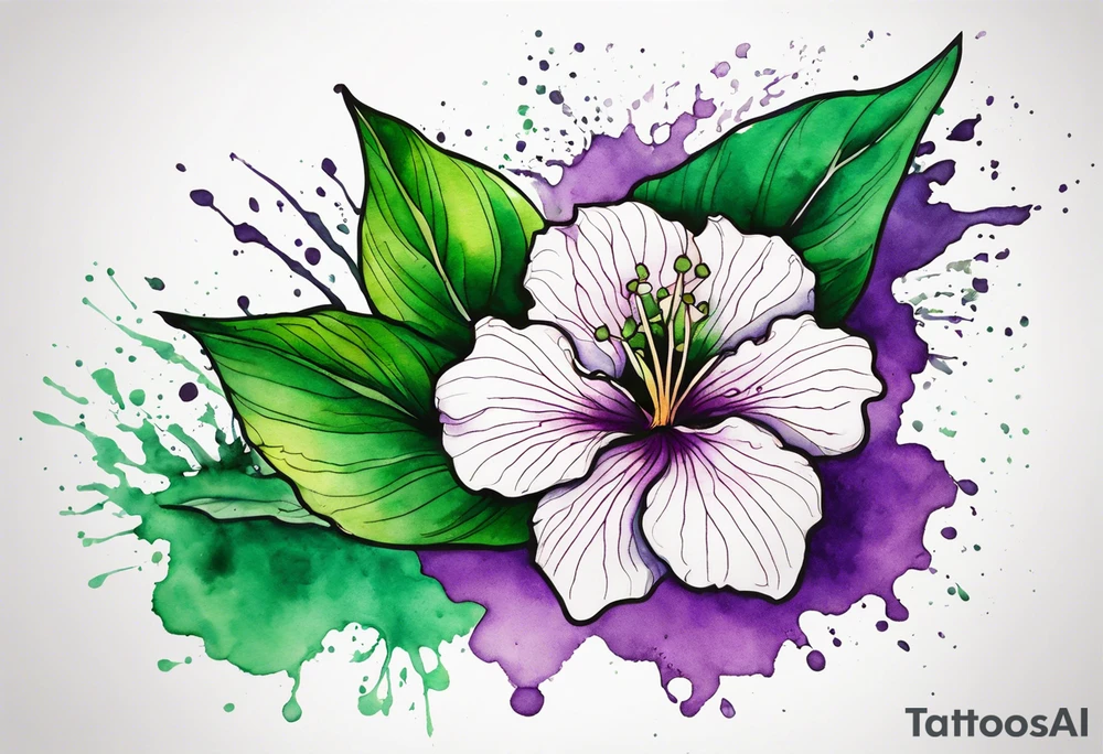 An outline of a green rio dipladenia flower and a green/purple watercolor splash in the background tattoo idea