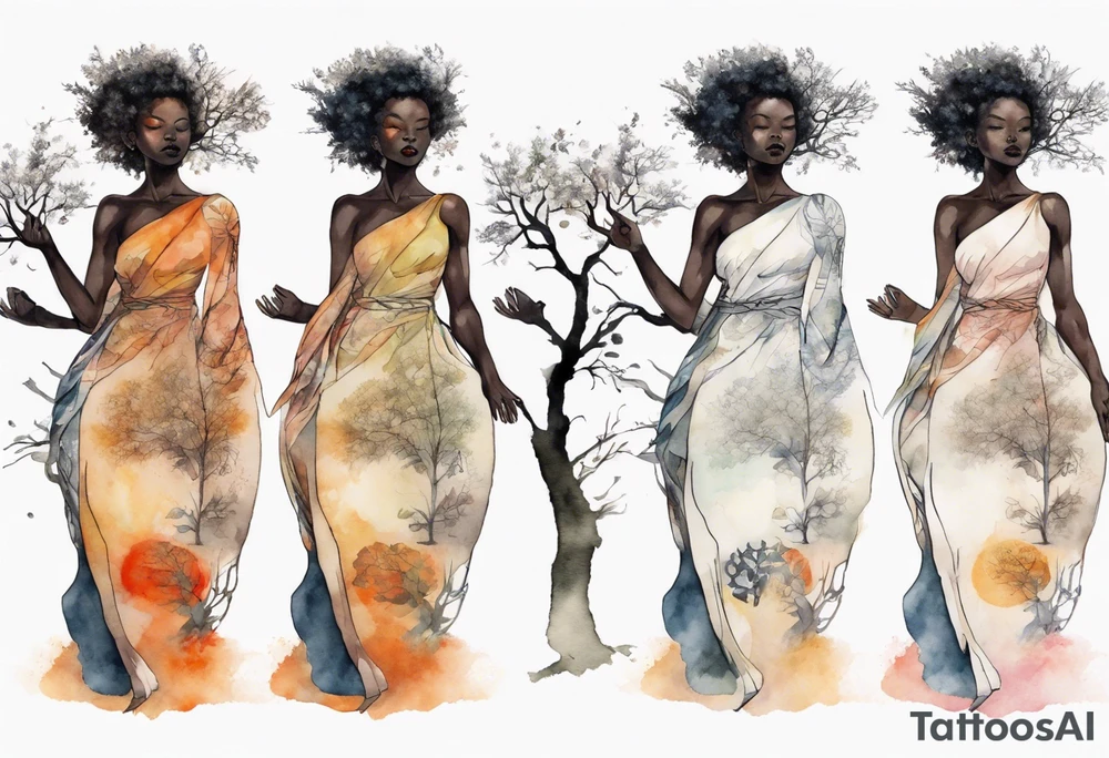 a tree that turns into a black woman reaching with her arms towards the sun, wearing a tunic tattoo idea