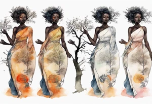 a tree that turns into a black woman reaching with her arms towards the sun, wearing a tunic tattoo idea