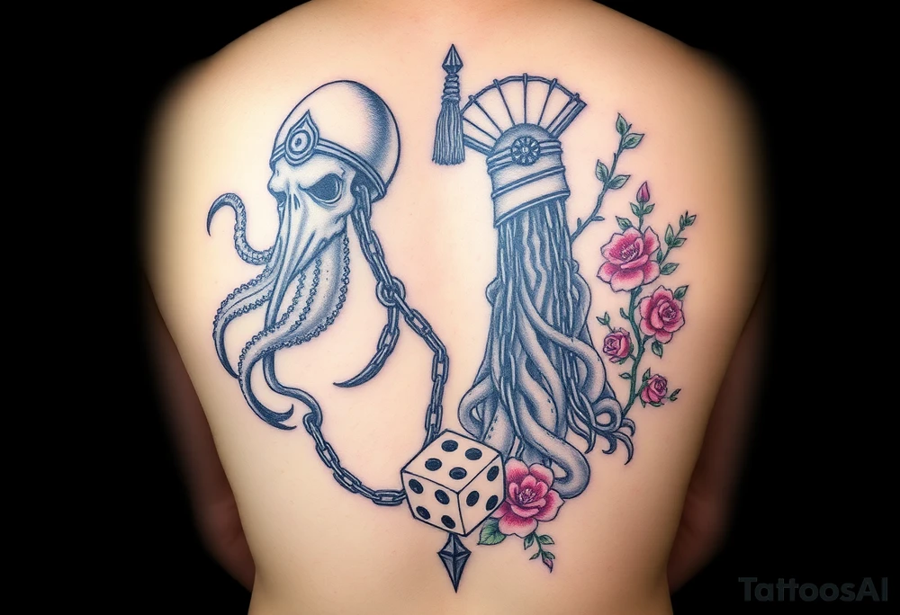 Squid and spartan and sailor hat combined with chains, tree roots, cherry blossoms and roses rolling dice tattoo idea
