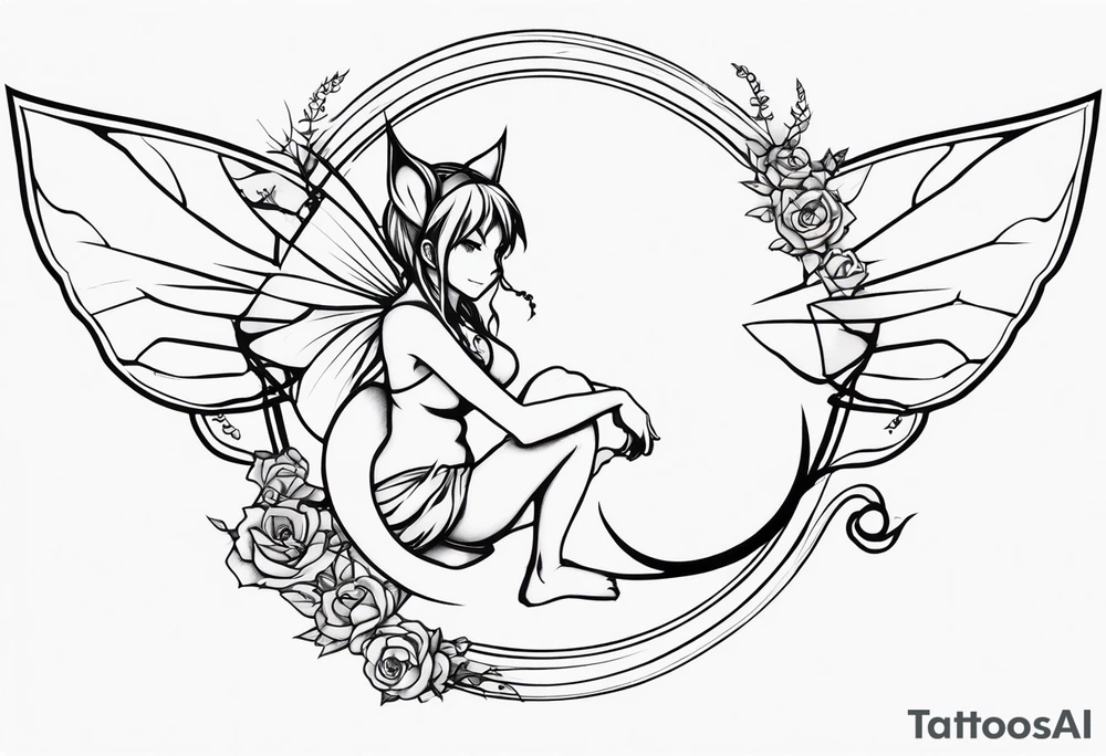 No background and no color sketch of a fairy with a tail inspired by the guild symbol in the anime show called Fairy Tail in a fetal position leaning in and forward while crawled in tattoo idea
