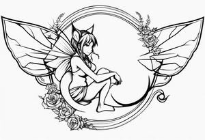 No background and no color sketch of a fairy with a tail inspired by the guild symbol in the anime show called Fairy Tail in a fetal position leaning in and forward while crawled in tattoo idea