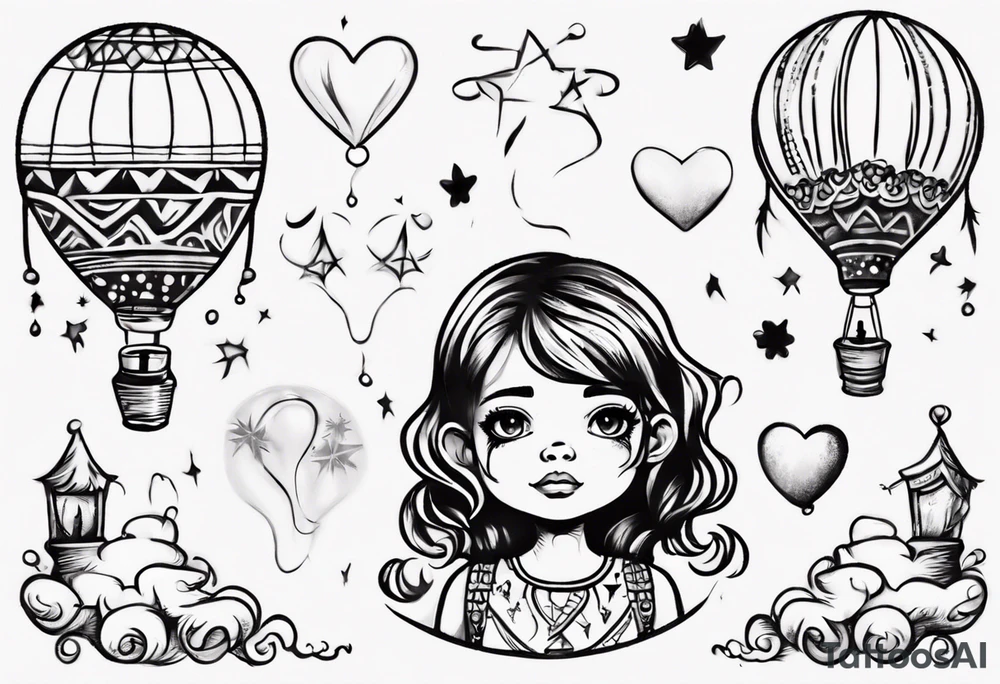 Hot water balloon with star and heart balloons and little girl inside dreaming tattoo idea