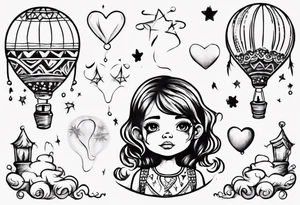 Hot water balloon with star and heart balloons and little girl inside dreaming tattoo idea