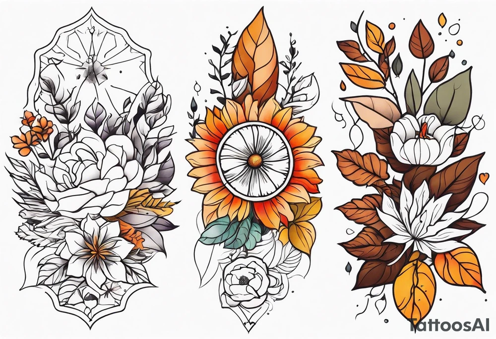 Full arm with fall colors, flowers, water, leaves and various shapes tattoo idea