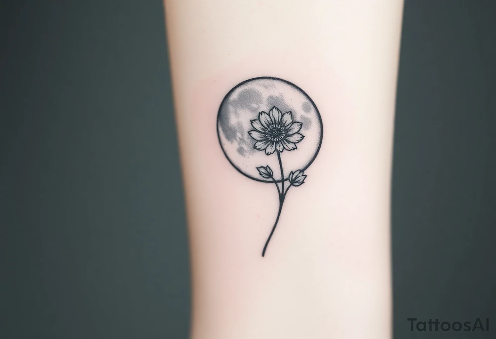 Small black and white tattoo full moon with small chrysanthemum and tiny scorpio gliph inside moon tattoo idea