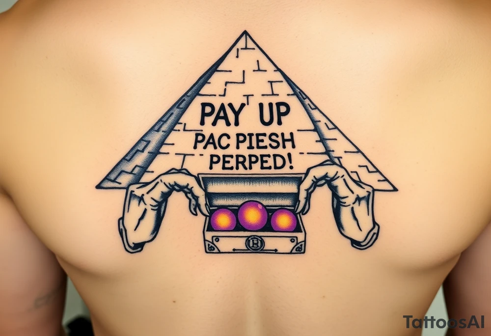 "Great Pyramid with 'PAY UP OR PERISH' carved in hieroglyphs. Alien hands (in white gloves) exchange a briefcase of glowing orbs.  

Style: 1950s pulp sci-fi. Colors: sand yellow/black/purple." tattoo idea