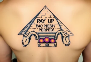 "Great Pyramid with 'PAY UP OR PERISH' carved in hieroglyphs. Alien hands (in white gloves) exchange a briefcase of glowing orbs.  

Style: 1950s pulp sci-fi. Colors: sand yellow/black/purple." tattoo idea