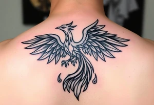 magnificent phoenix rising from golden flames with trailing embers tattoo idea
