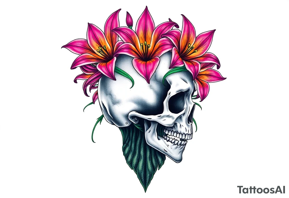 Lillies coming out of back of humanoid skull tattoo idea