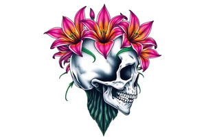 Lillies coming out of back of humanoid skull tattoo idea