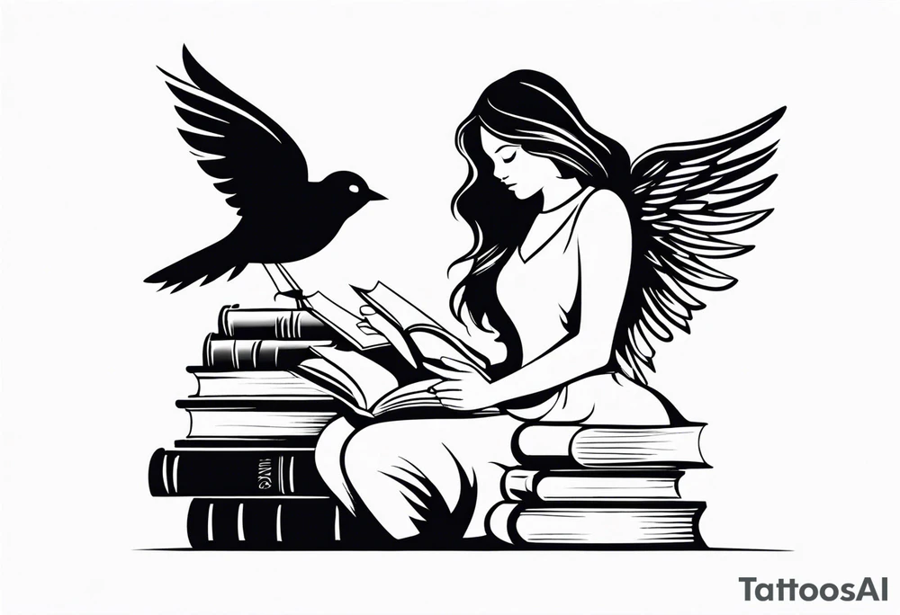 Small tattoo for shoulder. Women Angel kneeling next to open stack of books with bird silhouettes flying out of the book. tattoo idea