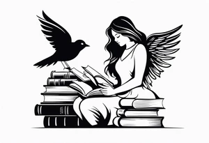 Small tattoo for shoulder. Women Angel kneeling next to open stack of books with bird silhouettes flying out of the book. tattoo idea