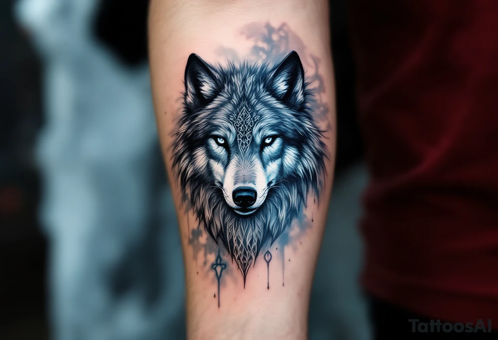 Celtic Wolf in Mist – A ghostly wolf rendered in soft gray and blue tones, with faint white Celtic knot patterns fading into mist around it. tattoo idea