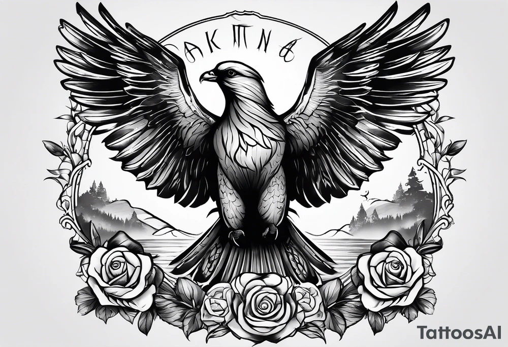 A tattoo that states pain and discipline to achieve your goals in life. it should be placed on the upper back and should express also catholic religion, with pigeon, eagle, roses and a lake. tattoo idea