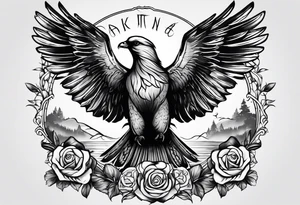A tattoo that states pain and discipline to achieve your goals in life. it should be placed on the upper back and should express also catholic religion, with pigeon, eagle, roses and a lake. tattoo idea