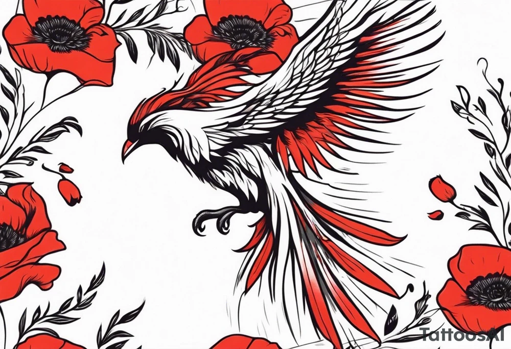 diving pheonix with long feathery tail holding red poppies tattoo idea