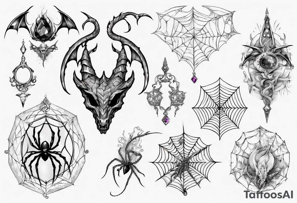 Dragon spiral spiderweb shattered chalices jewels, unicorn horn and a spider tattoo idea