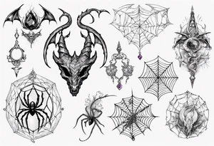 Dragon spiral spiderweb shattered chalices jewels, unicorn horn and a spider tattoo idea