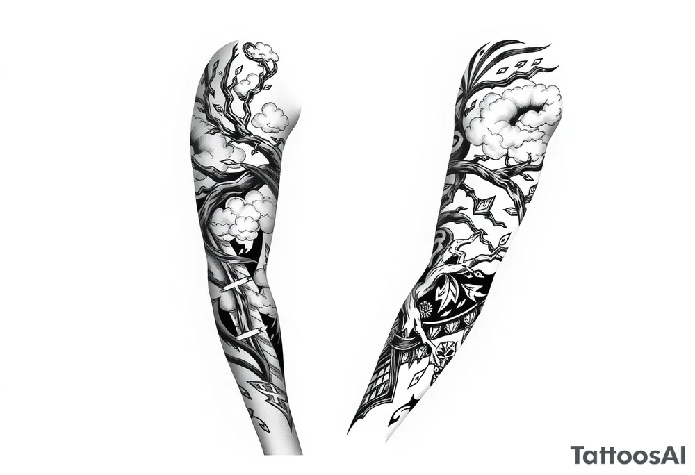 right arm sleeve, giant tree branch made of stone, clouds and lightning mixed throughout, tattoo idea