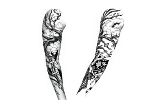 right arm sleeve, giant tree branch made of stone, clouds and lightning mixed throughout, tattoo idea