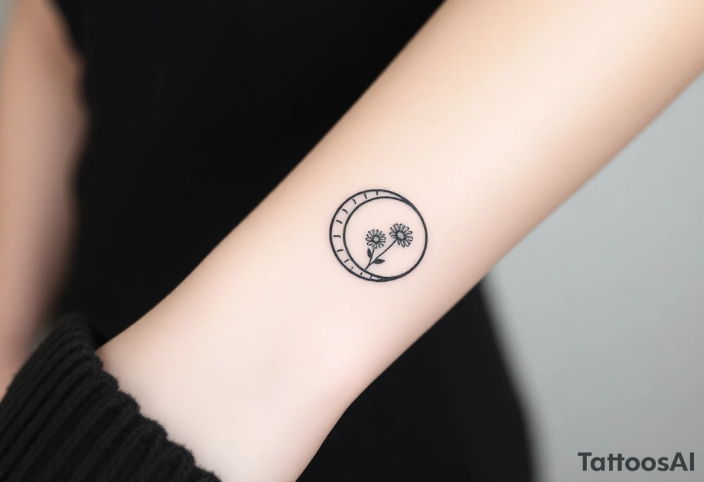 Small black and white tattoo waxing crescent moon with small Daisy birth flower and tiny leo gliph tattoo idea