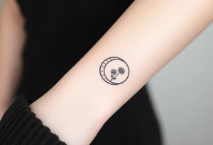 Small black and white tattoo waxing crescent moon with small Daisy birth flower and tiny leo gliph tattoo idea