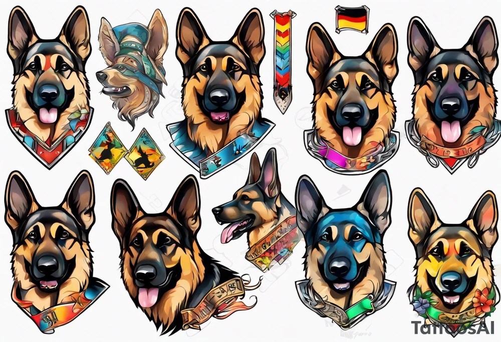 German Shepherd with banner underneath brightly colored tattoo idea