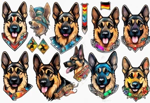 German Shepherd with banner underneath brightly colored tattoo idea