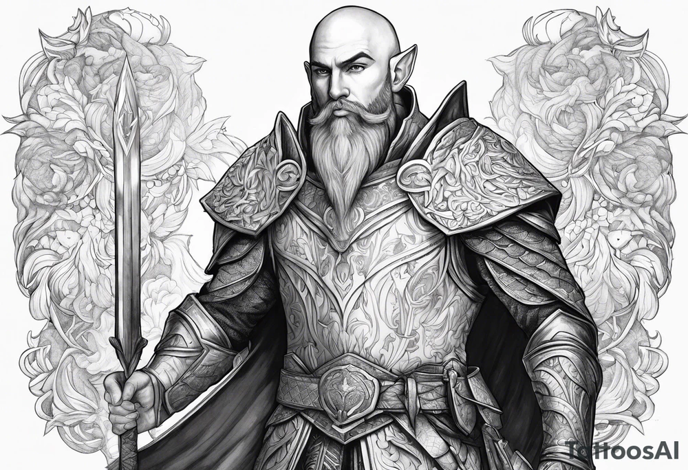 human-elf, bearded bald male, paladin, full body tattoo idea