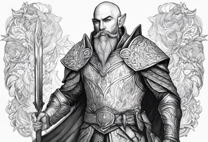 human-elf, bearded bald male, paladin, full body tattoo idea