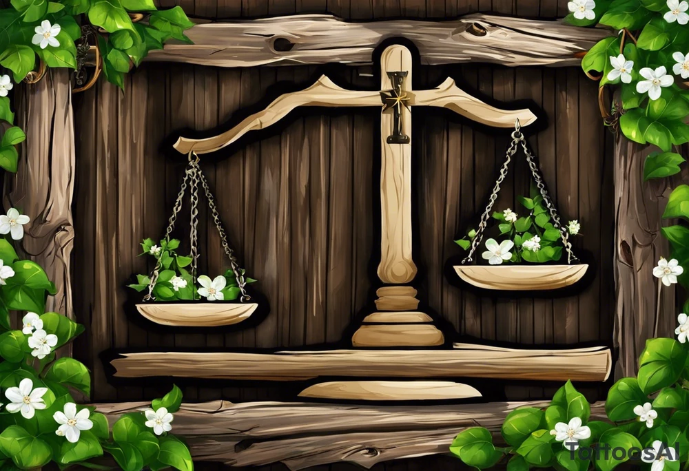 I need you to draw me a old libra scale out of tattered wood. The ends of the cross of wood need to be  broken. I need the bottom to look tattered possible cracks and holes  in wood of scale. Them I need vines with little white flowers here and there wrapped all the way up the scale and I want the two weights of the scale to be wooden as well. They also need to look tattered. The weights need to be fastened on by the vines. I need to make it look like the ends of the vines on both scales is just loosely. I need to incorporate pieces koi fish in beautiful blues greens, and pinks.The fish need to be one on each scale balancing the scale and the tail of the left on, pointing down. the beautiful fish tail fins needs to be covering part of the tattered piece and the fish on the rights tail will be facing unpard with the fin of beauty starting to court the same pic tattoo idea